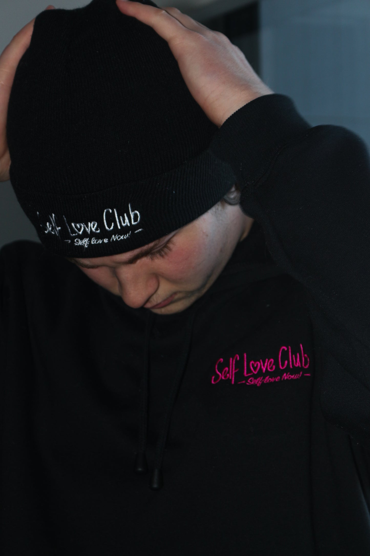 Self Love Club - Black Beanie White Branding